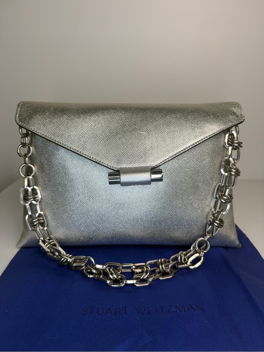 Stuart Weitzman Metallic Silver Structured Envelope Evening Clutch
